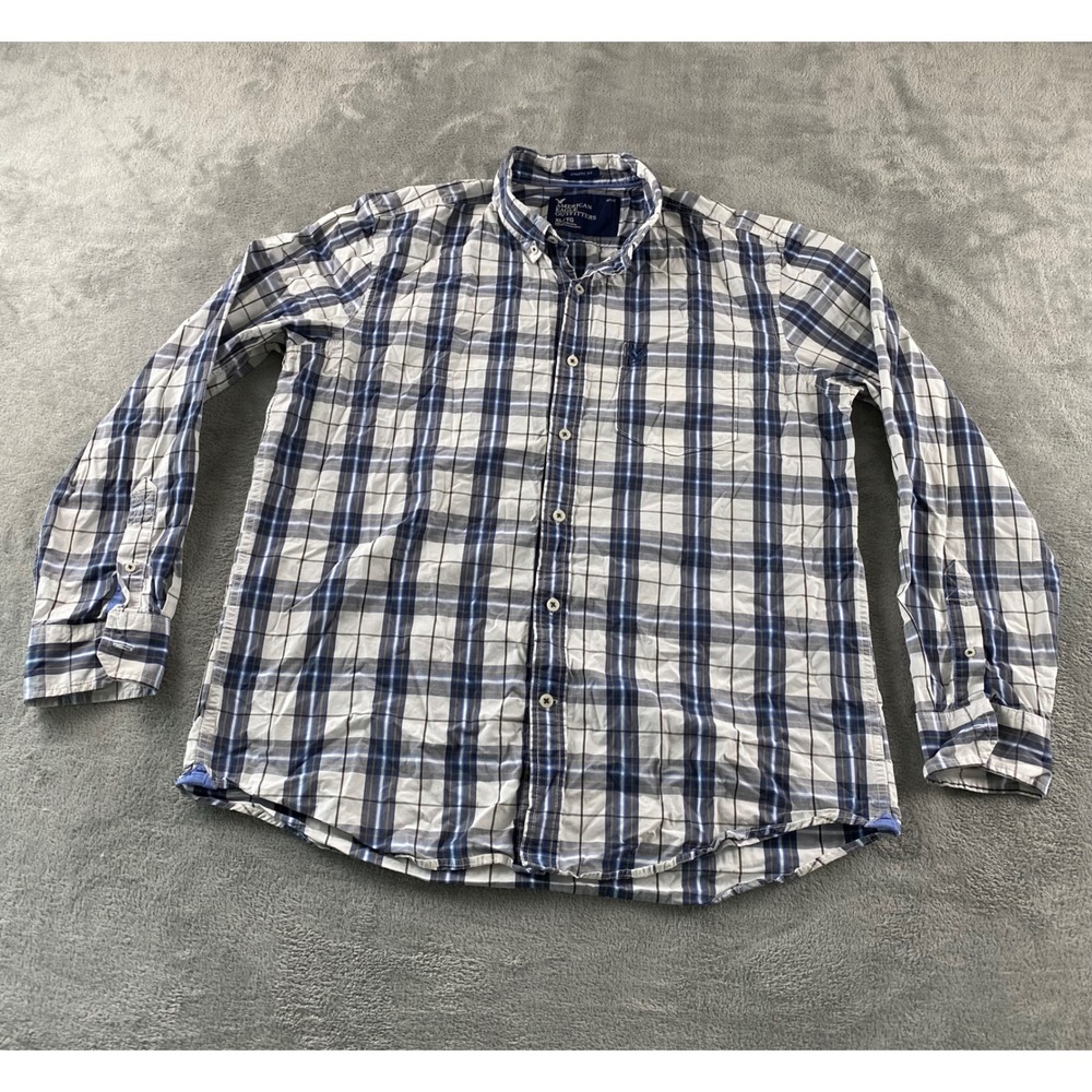 American Eagle Outfitters Mens XL Athletic Fit Plaid‎ Button Up Shirt Blue White